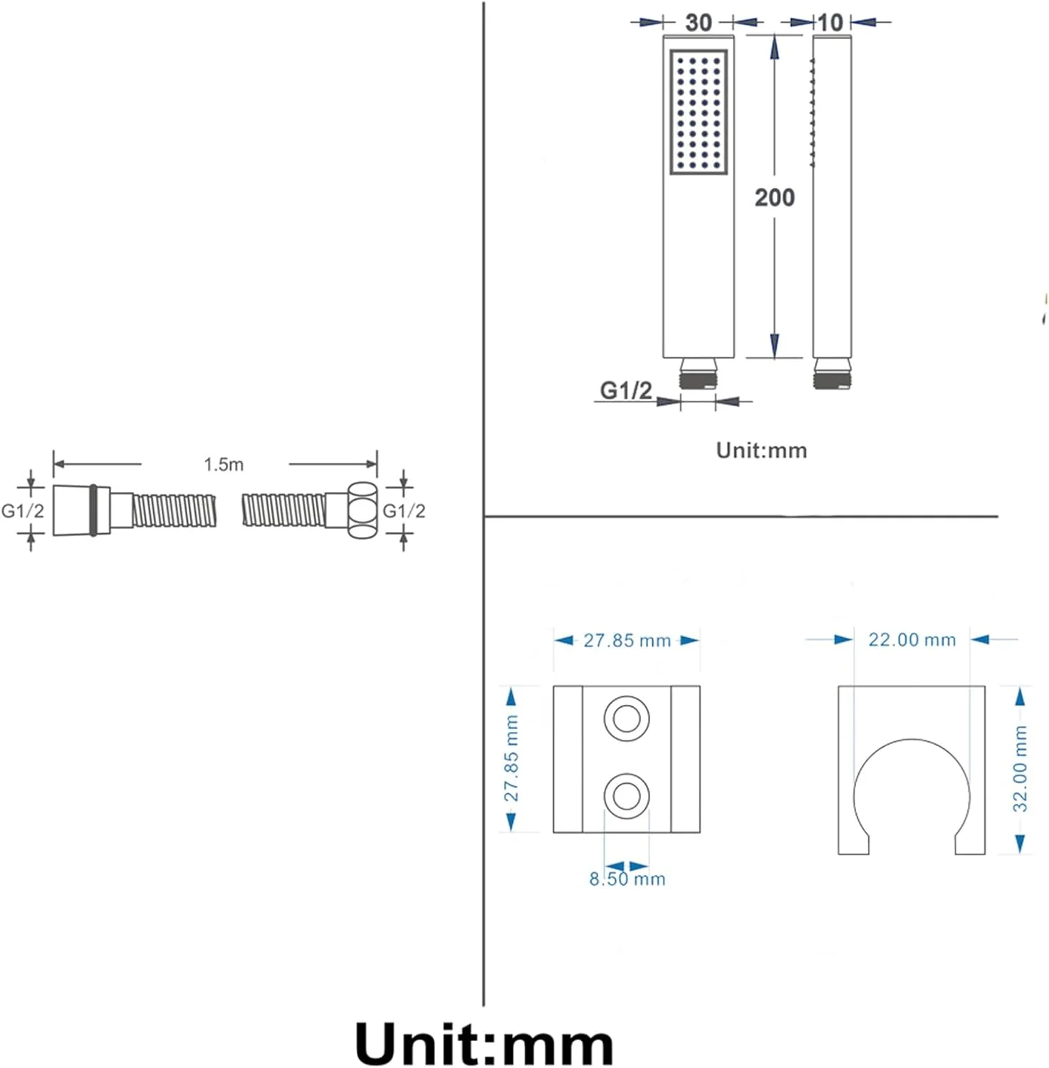 ست دوش دستی طلایی برنجی با شلنگ استیل ضد زنگ 150 سانتی متری و پایه دیواری قابل تنظیم