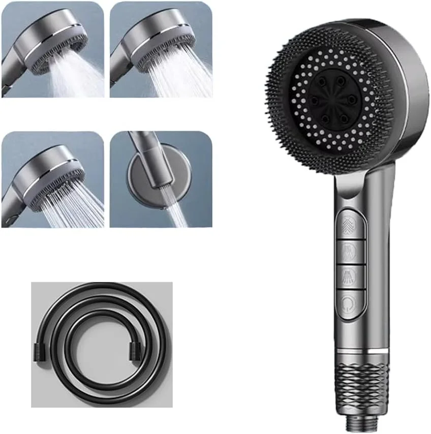 دوش دستی، کلید تعویض چهار حالته، با دوش ماساژ چند منظوره سیلیکونی، شلنگ دوش 1.5 PVC، با المنت فیلتر داخلی (خاکستری)