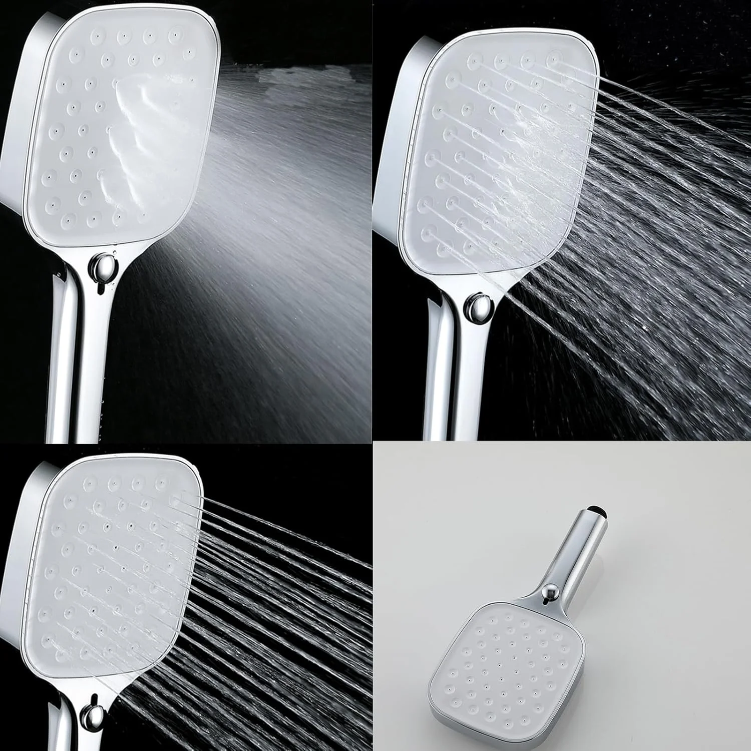 سردوش دستی با سه حالت پاشش، ساخته شده از ABS به همراه شلنگ استیل و نگهدارنده، فشار قوی و قابل جدا شدن، نصب دیواری با روکش کروم