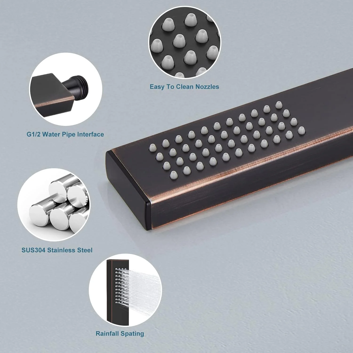 دوش دستی حمام، روکش برنزی روغنی، استیل ضد زنگ SUS304، فشار قوی، نصب دیواری به همراه اتصال دیواری و نگهدارنده دوش و شلنگ انعطاف پذیر 150 سانتی متری