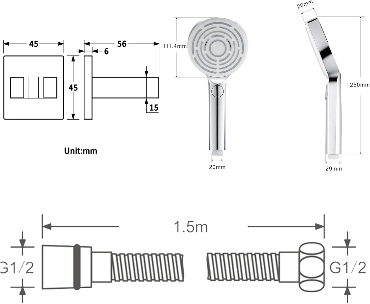 ست دوش دستی با فشار قوی، دارای 3 حالت اسپری، ست دوش قابل جدا شدن با شلنگ 150 سانتی‌متری، مشکی