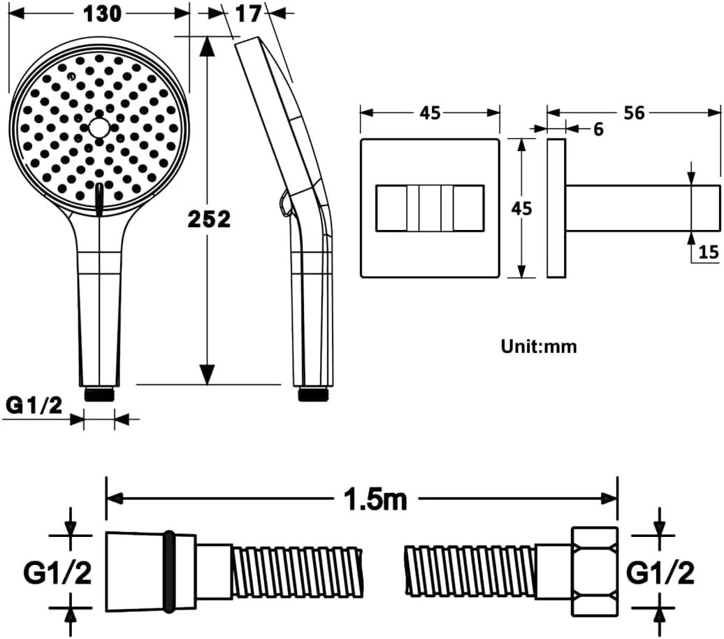 سری دوش دستی، سری دوش فشار قوی، سری دوش جداشدنی با 3 حالت/تنظیمات پاشش به همراه شلنگ استیل 304 کششی و قلاب دوش مسی، مدل 1