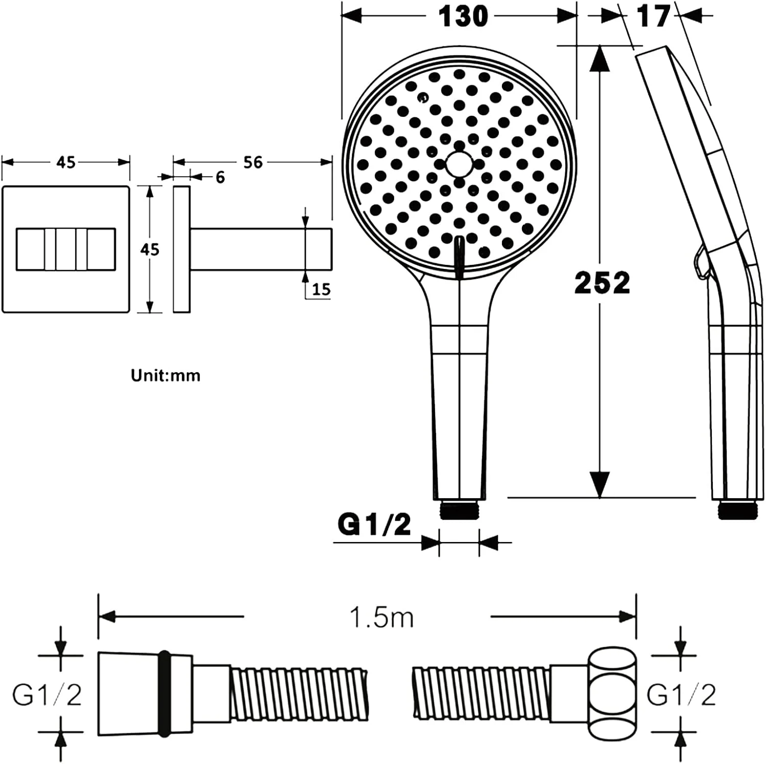 سردوش دستی، سردوش فشار قوی، سردوش جداشدنی با 3 حالت/تنظیمات پاشش به همراه شلنگ استیل 304 قابل انعطاف و قلاب دوشی مسی، کروم