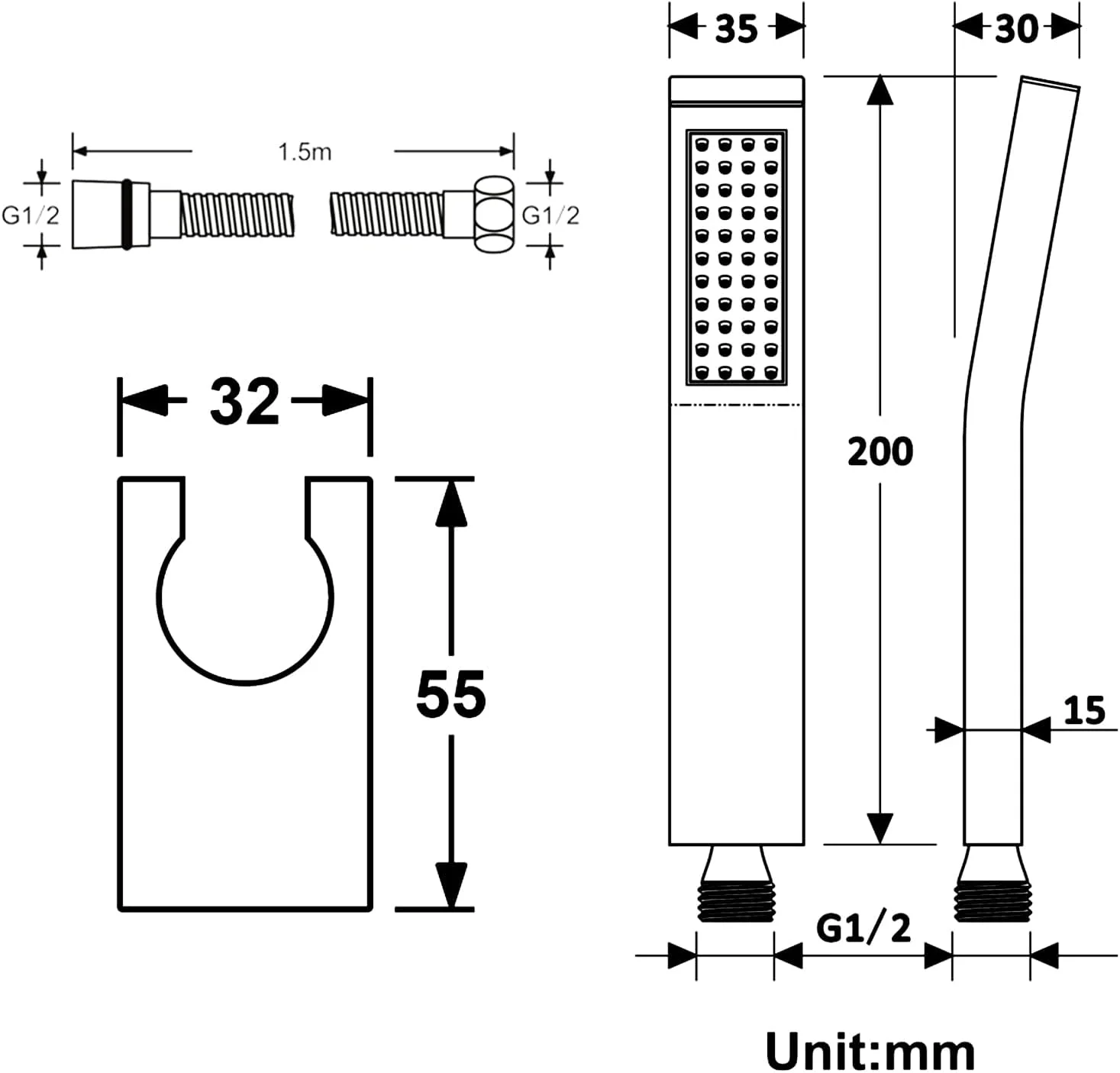 ست دوش دستی با فشار قوی، شامل شلنگ استیل ضد زنگ 304 بسیار بلند و پایه نگهدارنده ABS، مناسب برای حمام ست دوش دستی با فشار قوی، شامل شلنگ استیل ضد زنگ 304 بسیار بلند و پایه نگهدارنده ABS، مناسب برای حمام
