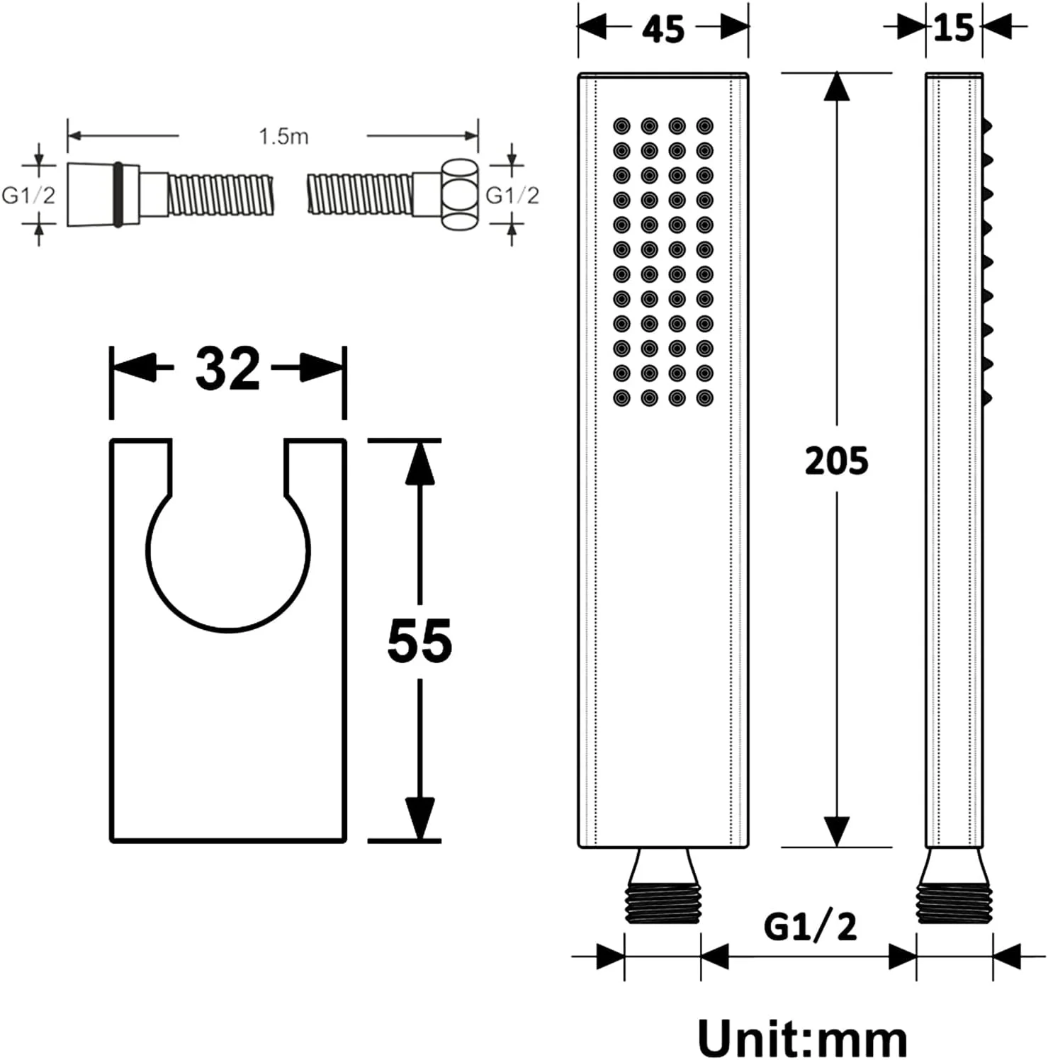 مجموعه سردوش دستی با فشار قوی، شامل شلنگ استیل ضد زنگ 304 بسیار بلند و پایه نگهدارنده ABS، سردوش دستی حمام
