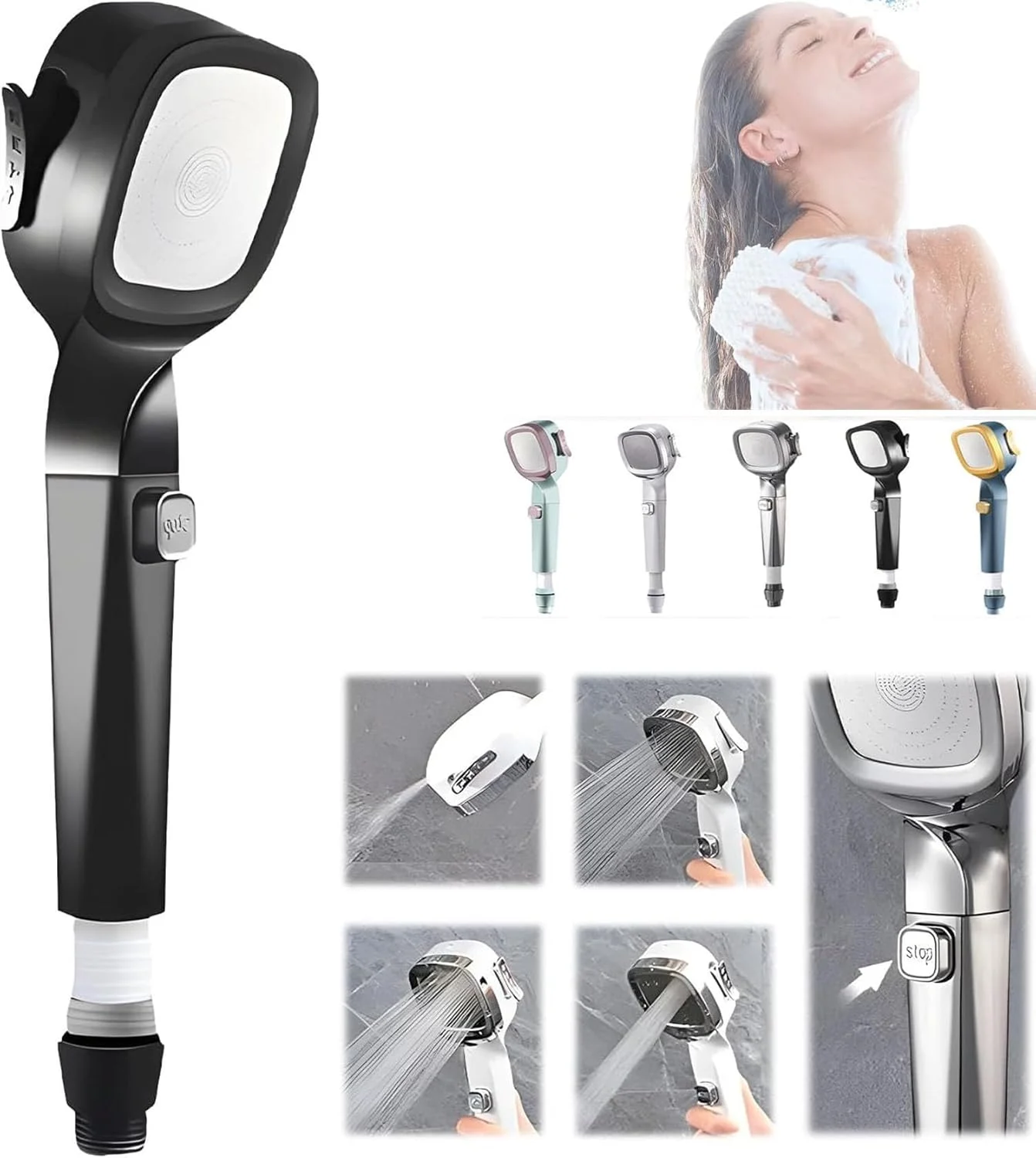 سردوش دستی پرفشار 4 حالته با دکمه توقف، سردوش چند منظوره پرفشار با فیلتر آب، سردوش پرفشار، فیلتر نازل دوش قابل تنظیم (مشکی) سردوش دستی پرفشار 4 حالته با دکمه توقف، سردوش چند منظوره پرفشار با فیلتر آب، سردوش پرفشار، فیلتر نازل دوش قابل تنظیم (مشکی)