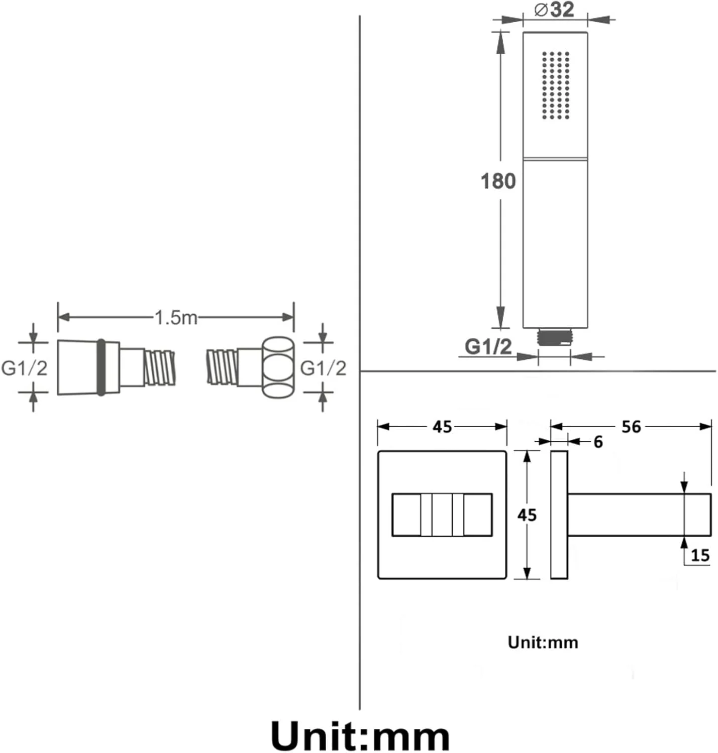 سردوش دستی با فشار قوی و صرفه جویی در آب، دارای 2 حالت، ساخته شده از برنج به همراه پایه نگهدارنده و شلنگ 1.5 متری، مشکی