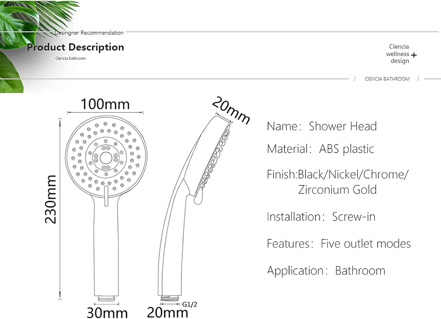 سردوش دستی با فشار قوی ABS، سردوش دستی صرفه جویی در آب با 5 عملکرد، طلایی برس خورده