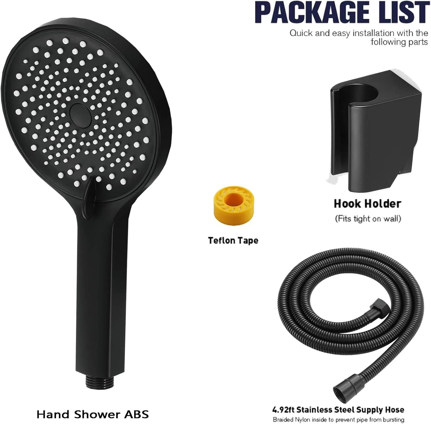 سردوش دستی مشکی با فشار قوی، دارای 3 حالت، سردوش دستی گرد به همراه پایه و شلنگ 1.5 متری