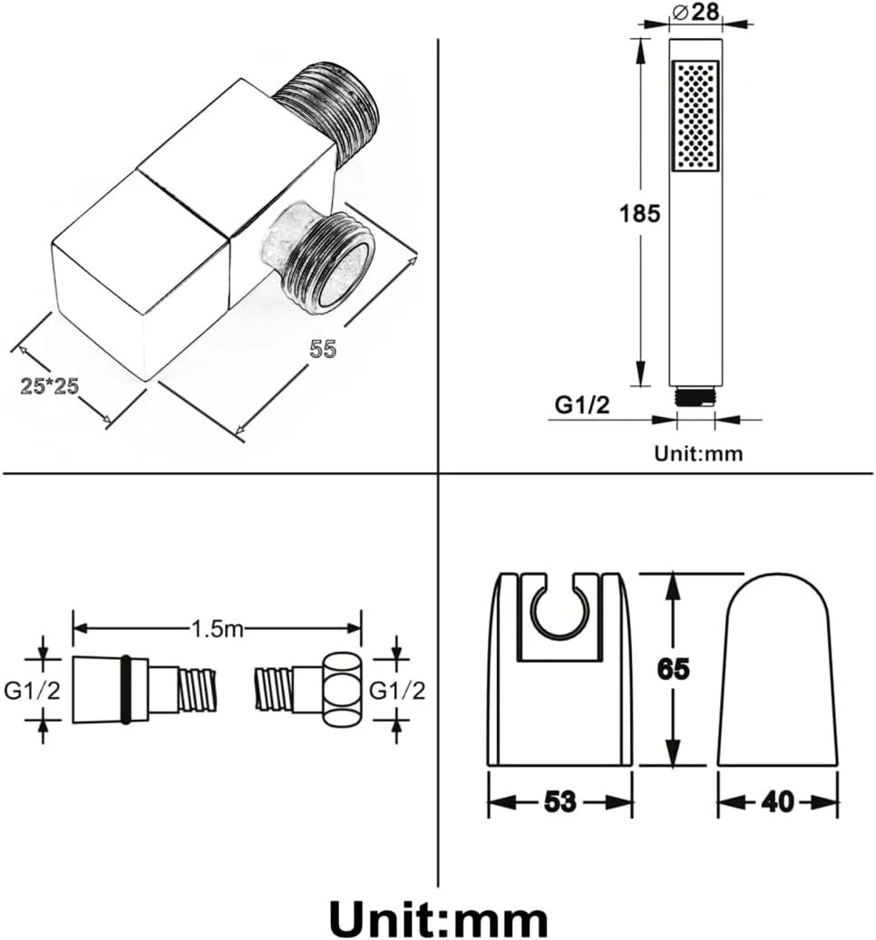 سردوش دستی، سردوش برنجی جامد با فشار بالا، سردوش دستی با جریان قوی، سر گرد به همراه نگهدارنده دوش و شلنگ استیل 1.5 متری، ست سردوش دستی، مدل 4