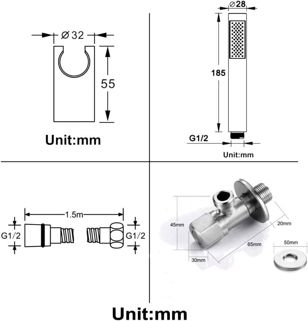 سردوش دستی، سردوش برنجی جامد با فشار بالا، سردوش دستی با جریان بالا، سر گرد به همراه نگهدارنده و شلنگ استیل 1.5 متری، ست سردوش دستی، مدل 4
