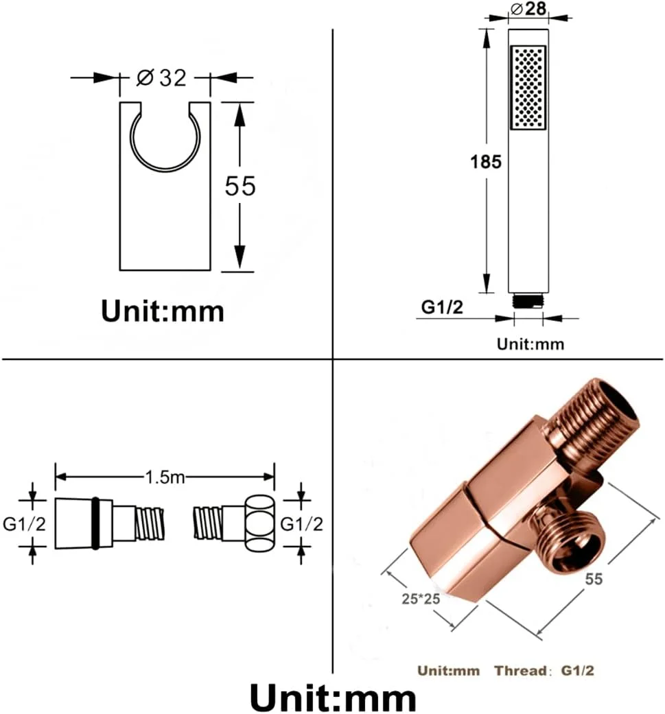 سردوش دستی، سردوش برنجی جامد با فشار بالا، سردوش دستی با جریان زیاد، سر گرد با نگهدارنده دوش و شلنگ استیل 1.5 متری، ست سردوش دستی، مدل 4