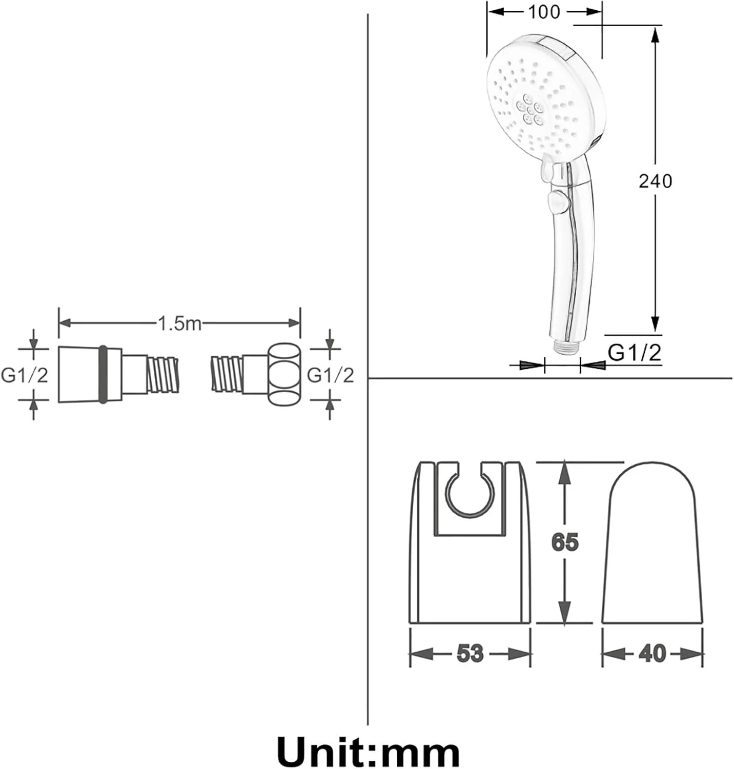 ست دوش دستی، سر دوش گرد ABS صرفه جویی در آب، دوش دستی 3 حالته فشار قوی با شلنگ 1.5 متری و نگهدارنده، کروم