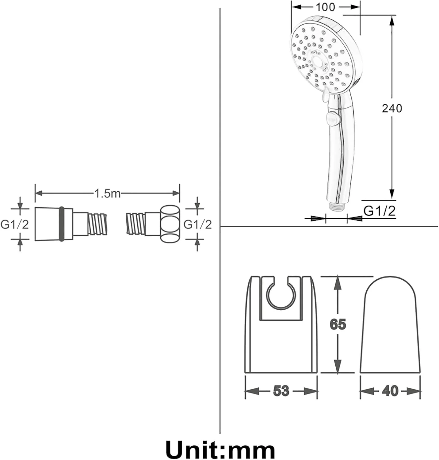 مجموعه سر دوش دستی ABS گرد، سر دوش صرفه جویی در آب با 3 عملکرد، سر دوش دستی فشار قوی با شلنگ 1.5 متری و نگهدارنده