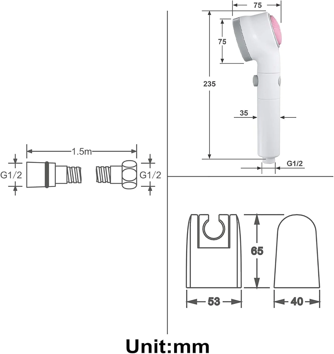 ست سر دوش دستی ABS گرد، سر دوش صرفه جویی در آب با شلنگ دوش استیل ضد زنگ 1.5 متری و نگهدارنده، سر دوش دستی، سفید