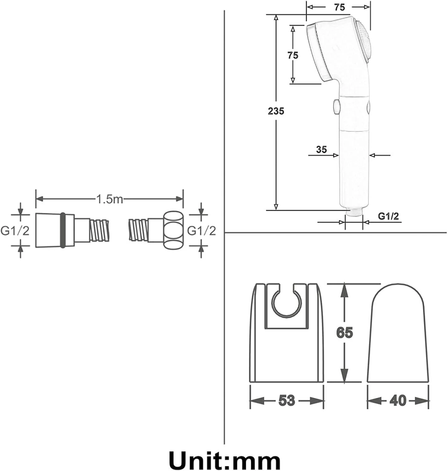 مجموعه سردوش دستی ABS سفید، سردوش دستی گرد بارانی با شلنگ