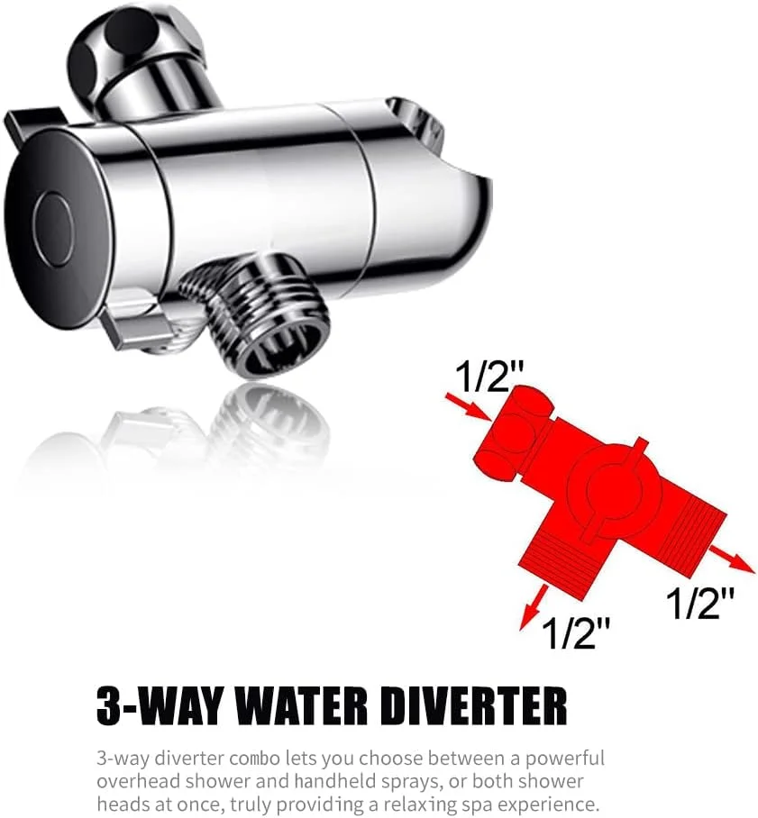 سردوش حمام، سردوش دستی ترکیبی با 5 حالت پاشش، سردوش فشار قوی با شیر سه راهی، شلنگ استیل و نگهدارنده کرومی براق برای حمام