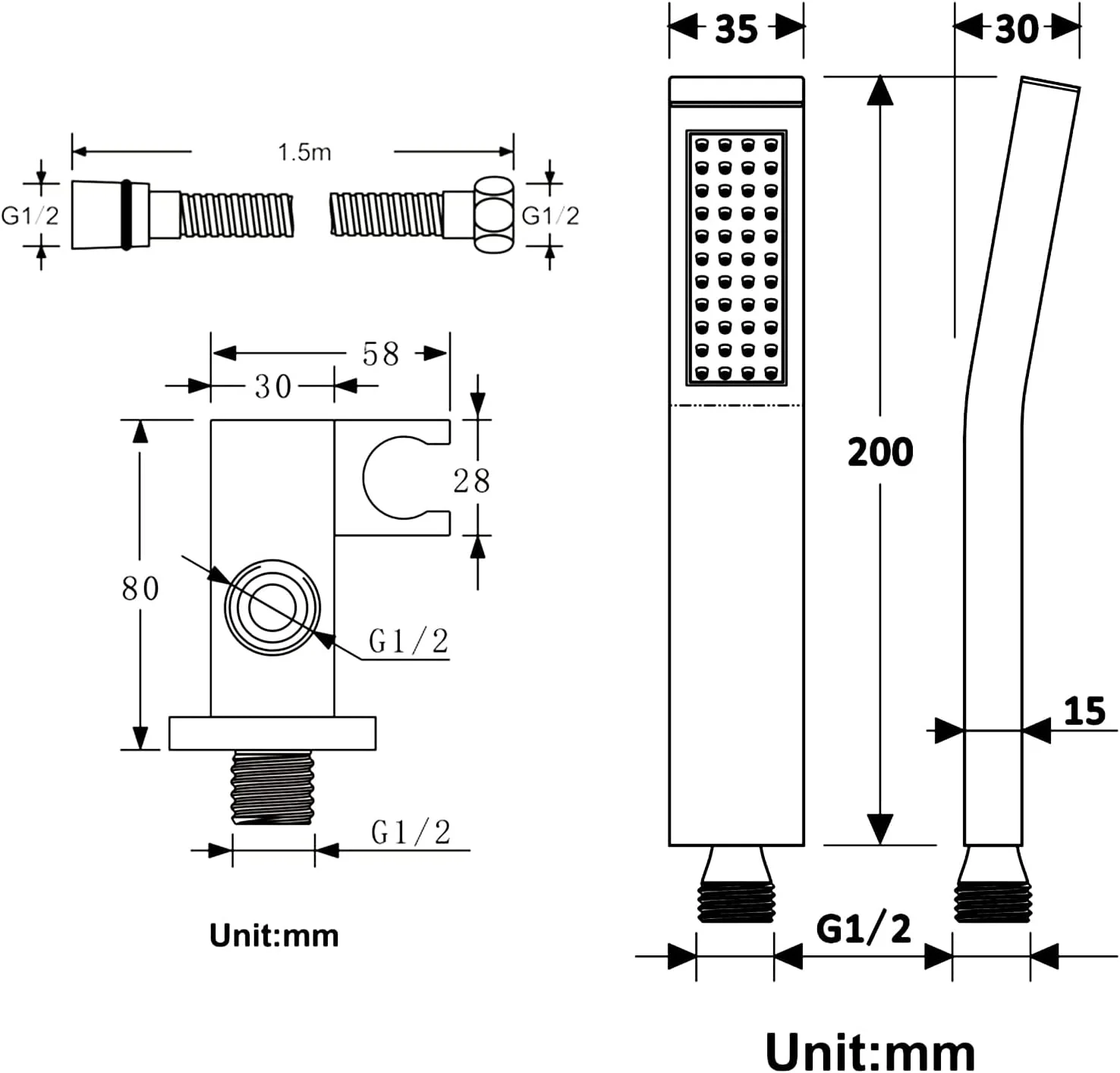 ست دوش دستی با فشار قوی، شامل شلنگ استیل ضد زنگ 304 بسیار بلند و پایه بازویی دوش مسی قابل تنظیم، دوش دستی مسی مناسب حمام