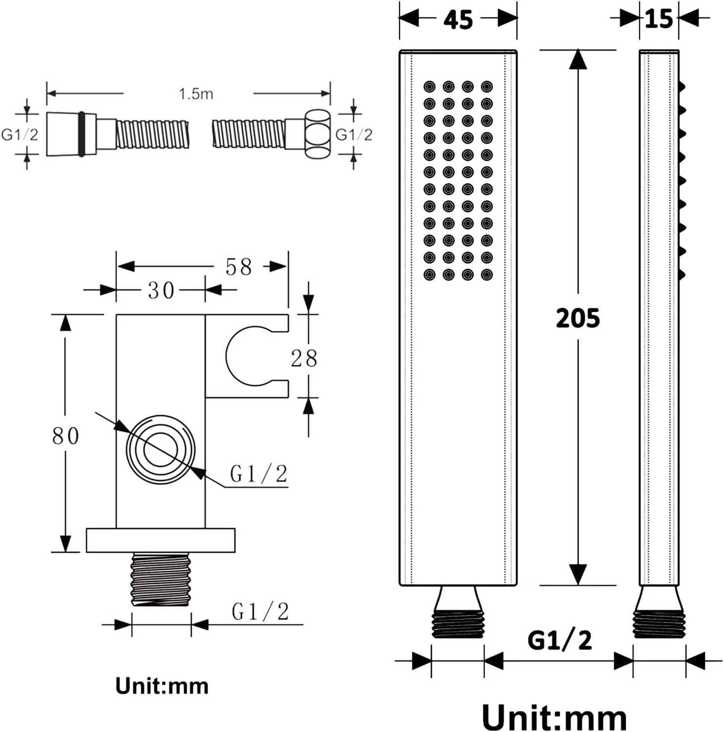 ست سر دوش دستی با فشار قوی، شلنگ استیل ضد زنگ 304 بسیار بلند و پایه بازویی قابل تنظیم ABS، دوش دستی حمام