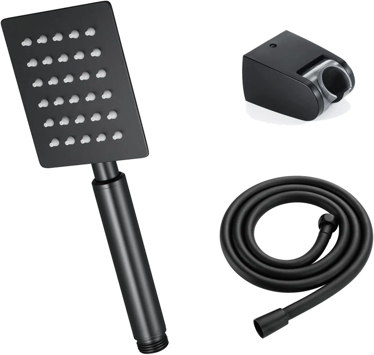 سردوش دستی با خروجی سیلیکونی، سردوش فشار قوی مربع استیل ضد زنگ با شلنگ 1.5 متری و پایه، ست دوش مشکی