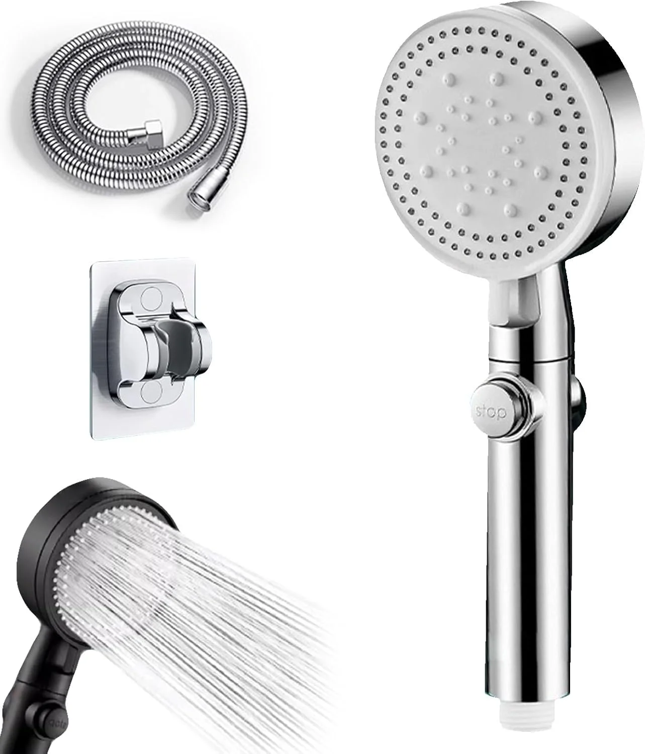 سردوش کاهنده مصرف آب، سردوش دستی با 6 حالت پاشش، کروم مناسب آب سخت، دارای اسپری شستشوی قوی داخلی، نازل های ضد گرفتگی، شلنگ استیل 1.5 متری با رابط 1/2 اینچ