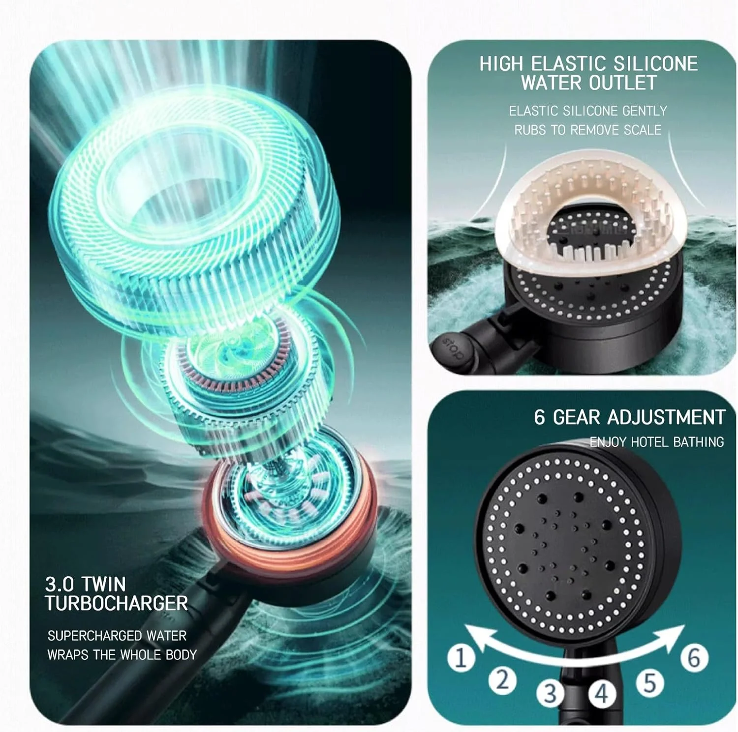 سردوش کاهنده مصرف آب، سردوش دستی با 6 حالت پاشش، کروم مناسب آب سخت، دارای اسپری شستشوی قوی داخلی، نازل های ضد گرفتگی، شلنگ استیل 1.5 متری با رابط 1/2 اینچ