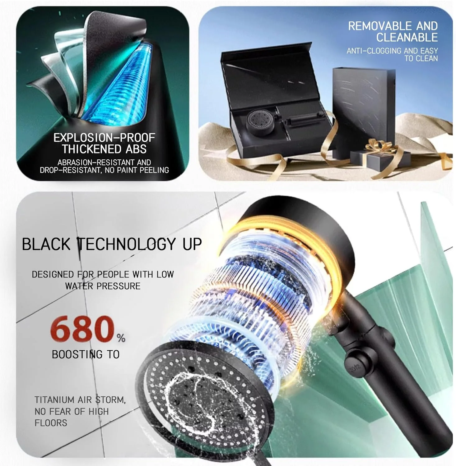 سردوش کاهنده مصرف آب، سردوش دستی با 6 حالت پاشش، کروم مناسب آب سخت، دارای اسپری شستشوی قوی داخلی، نازل های ضد گرفتگی، شلنگ استیل 1.5 متری با رابط 1/2 اینچ