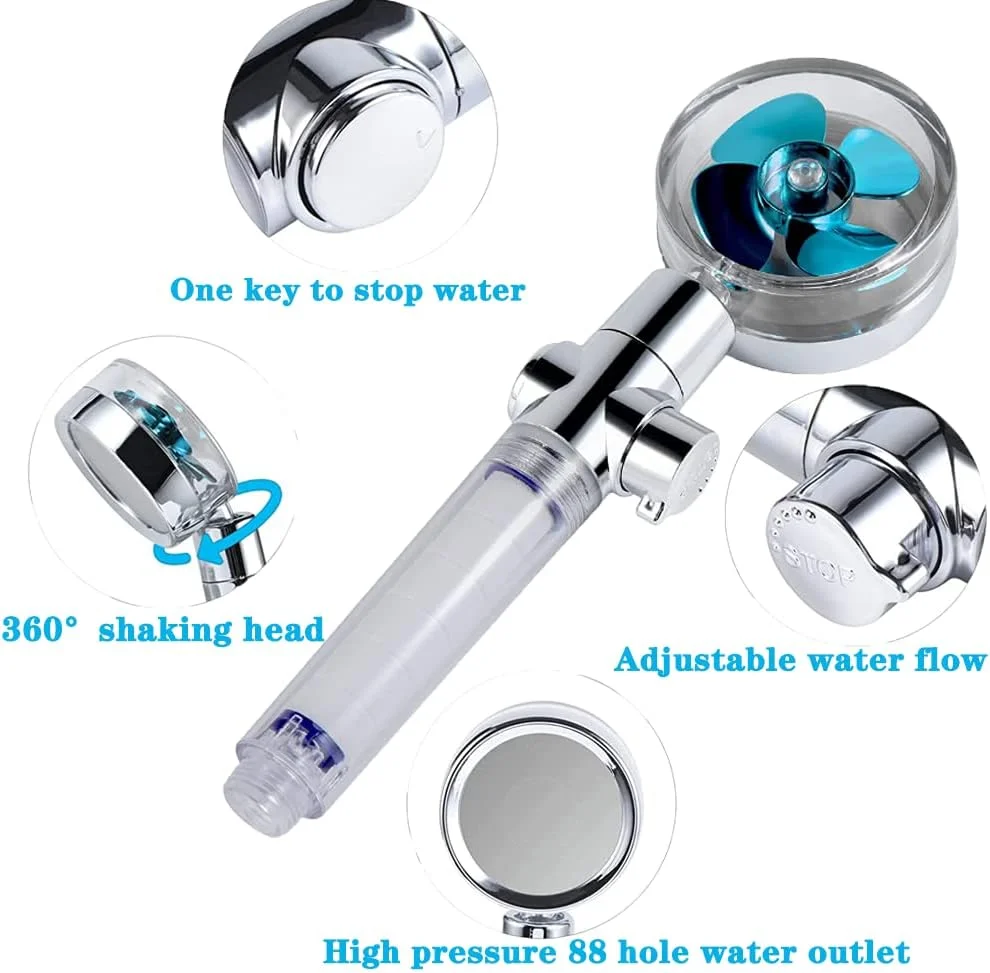 دوش دستی توربوشارژ با پروانه و فشار قوی، دارای جریان آب قابل تنظیم و فیلتر - سر دوش پرفشار با پروانه چرخان 360 درجه و دکمه توقف (آبی جدید)