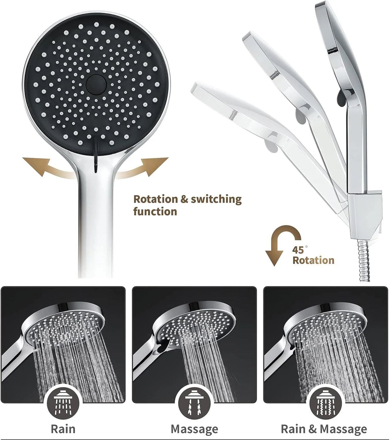 ست دوش دستی، سر دوش دستی ABS جهانی با 3 حالت، سر دوش با شلنگ 1.5 متری، اسپری دوش دستی فشار قوی با دوش قابل تنظیم B