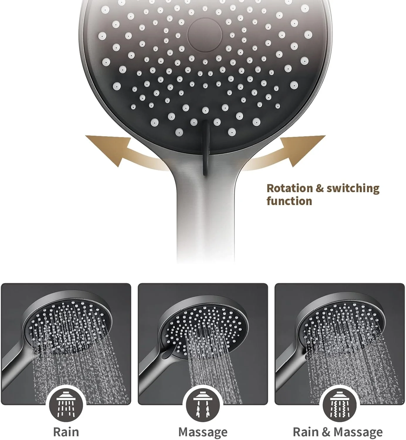 ست دوش دستی خاکستری، سردوش دستی ABS با سه حالت پاشش، سردوش دستی فشار قوی با شلنگ 1.5 متری و پایه استیل