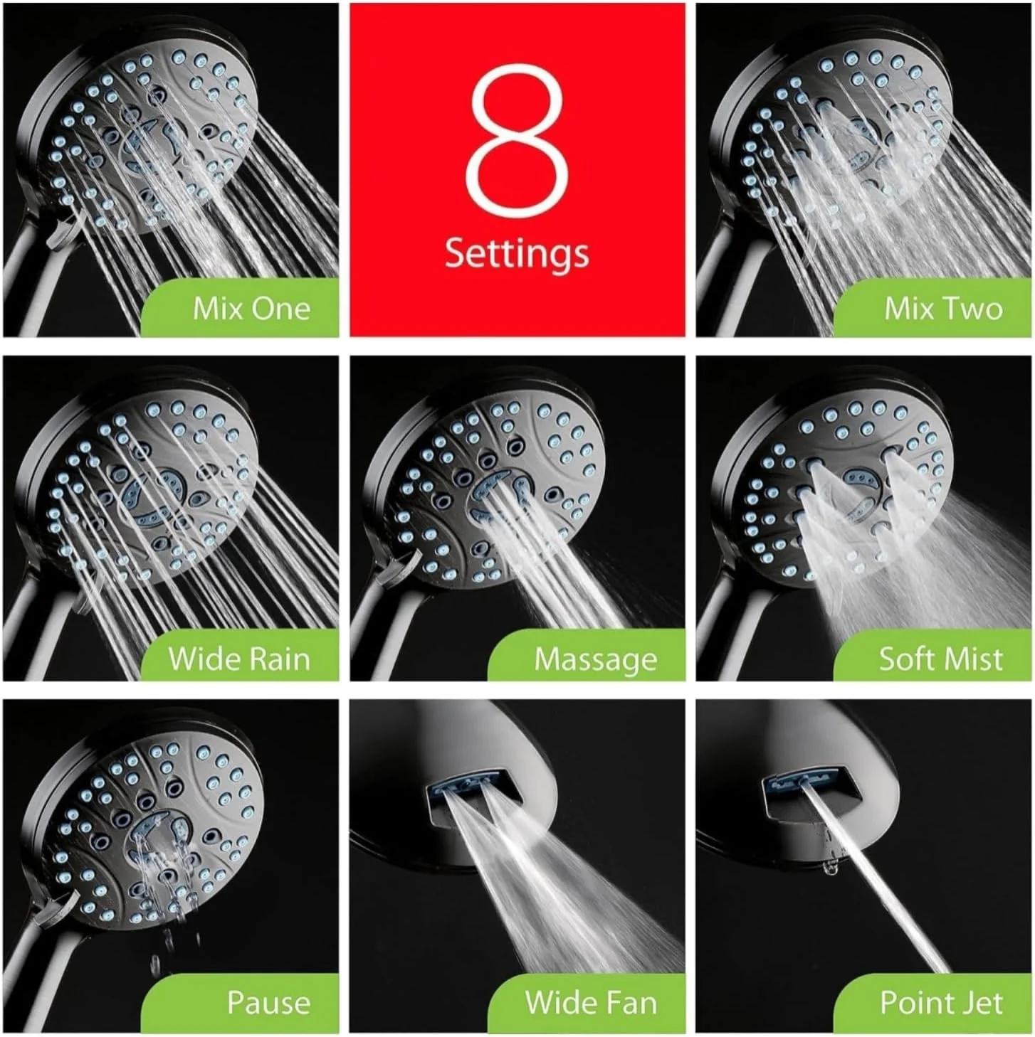 ست سر دوش دستی، 8 حالت پاشش + 2 حالت جت قدرتمند، فیلتر آب سخت، شلنگ استیل فوق العاده بلند 150 سانتی متری، براکت های دیواری و سقفی