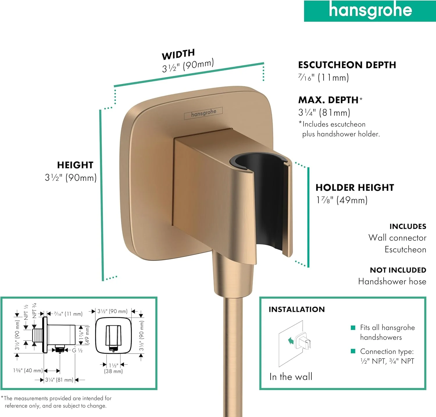 اتصال دیواری دوش دستی هانسگروهه با رزوه 1/2 اینچی، رنگ برنز برس خورده، 26887141