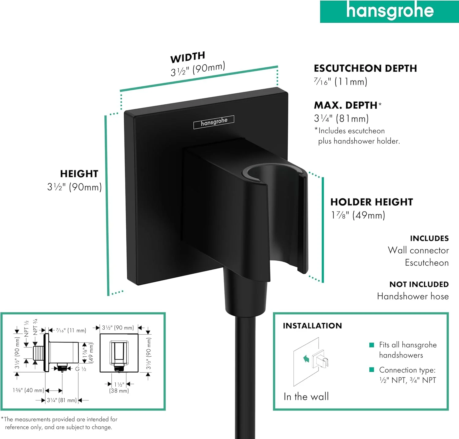 اتصال دیواری دوش دستی هانسگروهه با رزوه ½ اینچی، مشکی مات، 26889671
