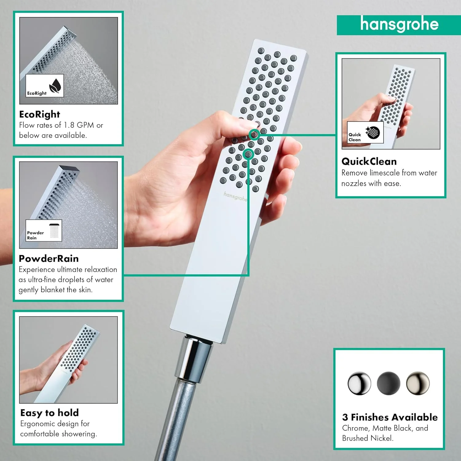 دوش دستی مدرن هانسگروهه Pulsify E سایز 2 اینچ، تک حالته PowderRain، رنگ کروم، 24321001