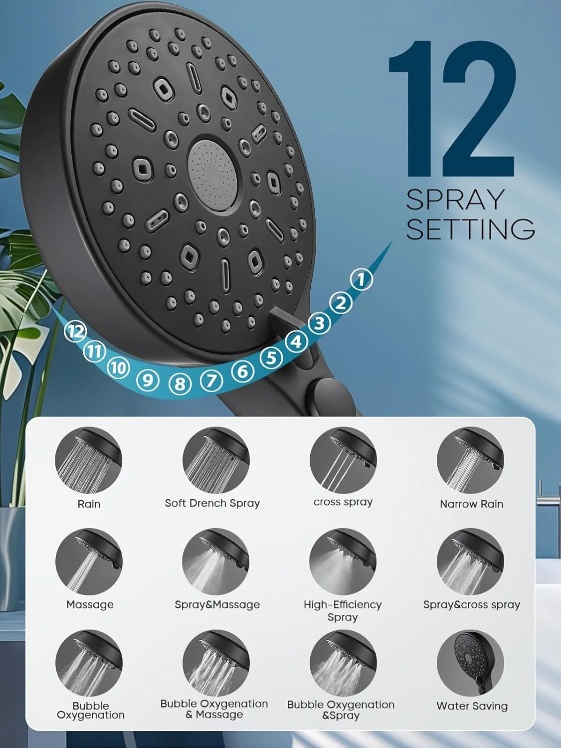 سردوش حمام 12 حالته هیملی به همراه گوشی دستی، دارای دکمه روشن/خاموش برای حمام سگ و حیوانات خانگی، ست سردوش حمام فشار قوی به همراه شلنگ، پایه قابل تنظیم و واشرهای لاستیکی - مشکی - طراحی ثبت شده در آمریکا