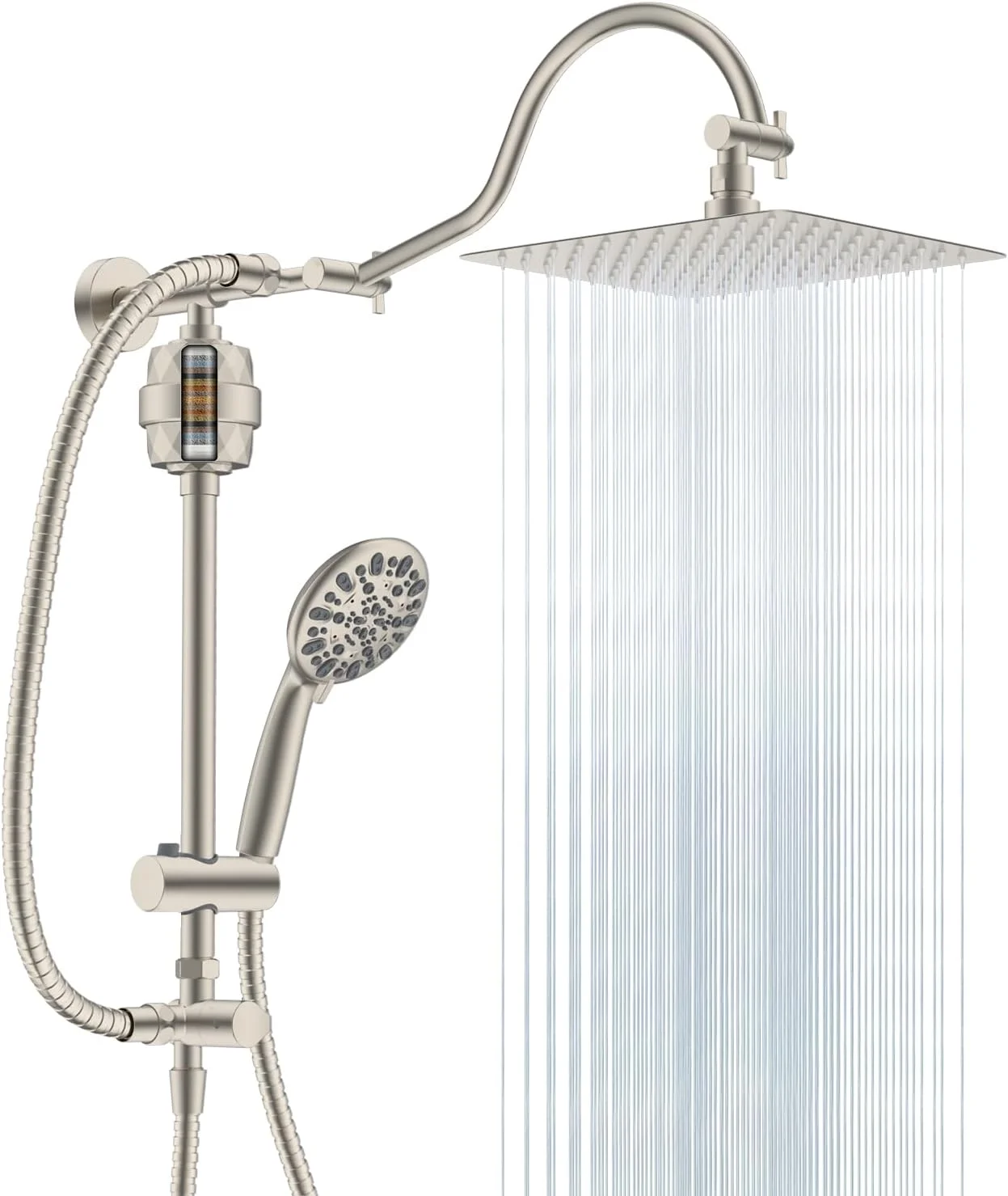 ست دوش حمام فیلتردار 25 سانتی‌متری فلزی هیبنت، سیستم دوش با فشار بالا و دسترسی آسان، سردوش دستی، نگهدارنده قابل تنظیم، بازوی افزایش طول 45 سانتی‌متری، فیلتر دوش، 7 حالت پاشش، نیکل برس خورده
