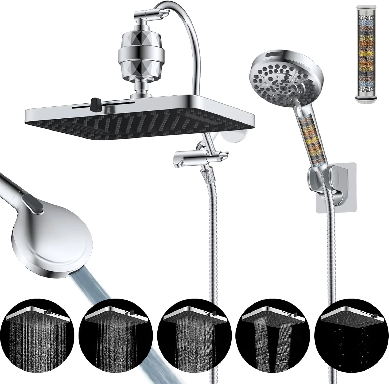 ست دوش حمام دوگانه با فیلتر دوگانه هیبنت، دارای 5 حالت پاشش، دوش دستی با فشار بالا و 10 حالت تنظیم، بازوی قابل تنظیم 12 اینچی، فیلتر 20 مرحله ای، شلنگ 71 اینچی، کروم