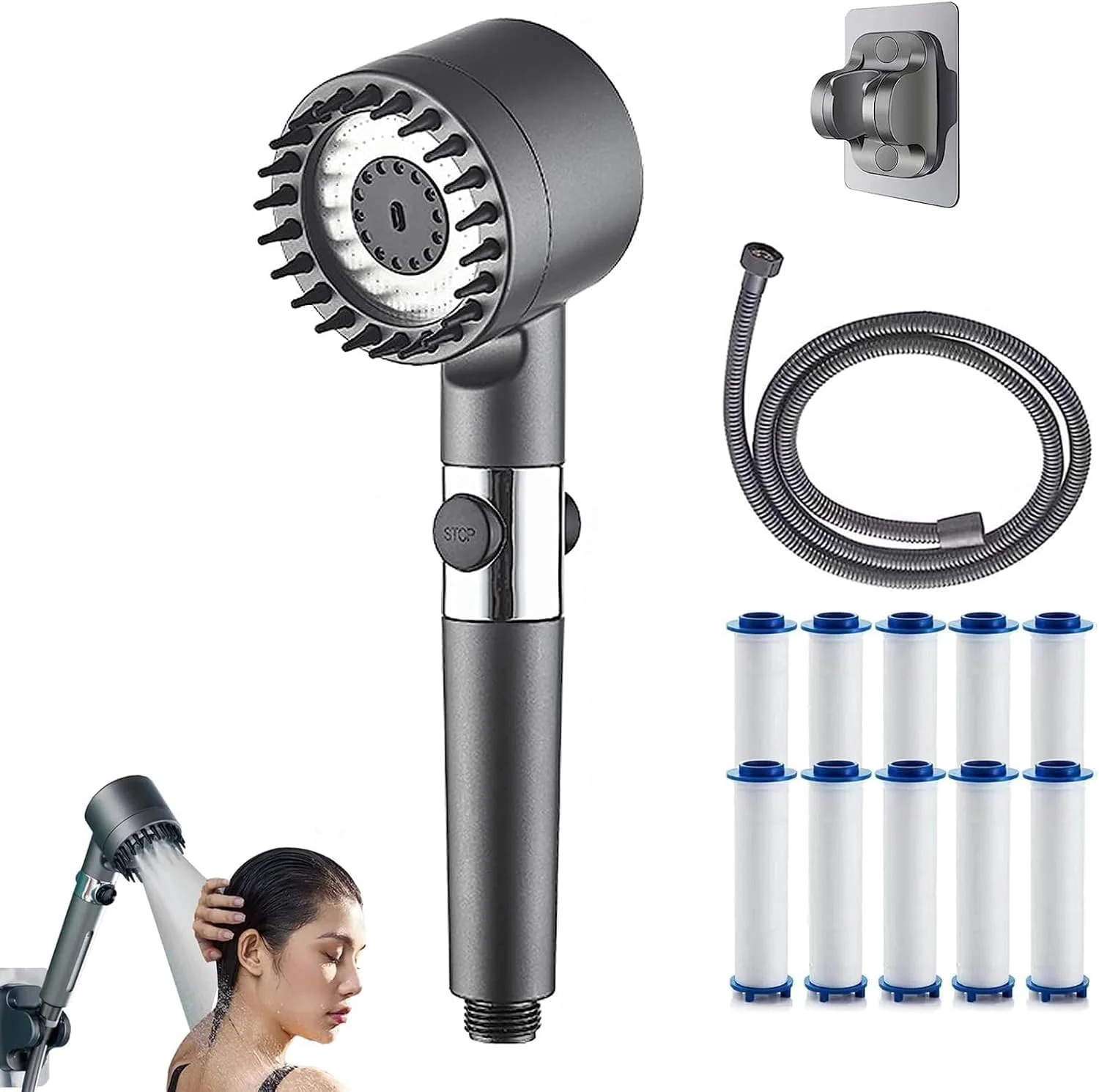 سردوش دستی فشار قوی | دارای 3 حالت اسپری قابل تنظیم با فیلتر | برس ماساژ برای مراقبت از پوست | سردوش با فشار آب کم با کلید روشن/خاموش | لوازم جانبی حمام با شلنگ 1.5 متری