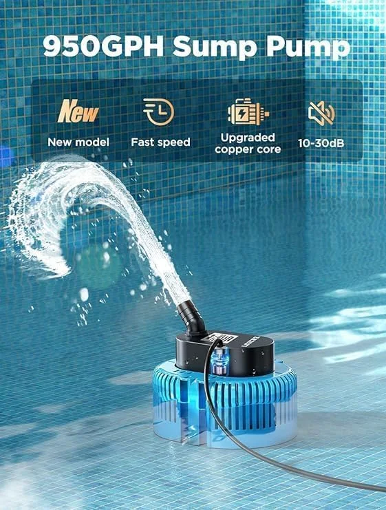 پمپ شناور برای استخر شنا، زیرزمین، حوض باغ، پمپ فاضلاب با شلنگ تخلیه و کابل برق فوق العاده بلند 25 متری، 850Gph، 3 آداپتور (آبی)