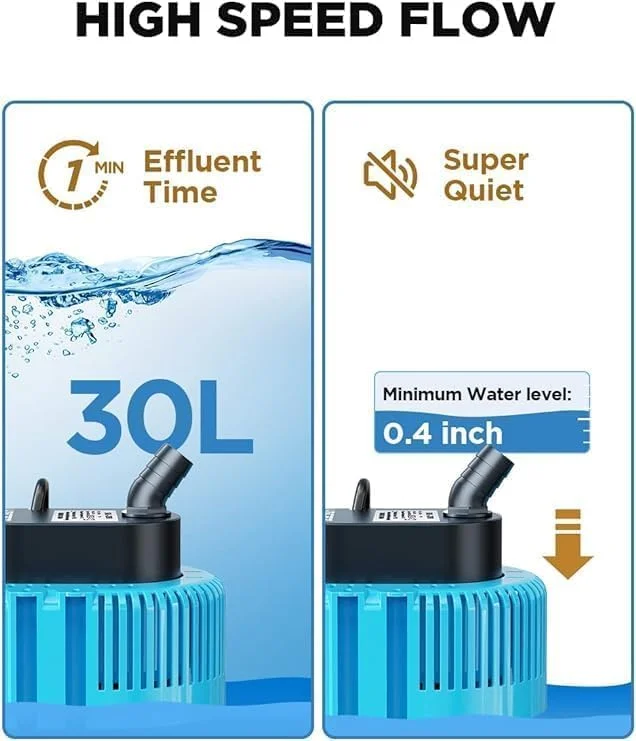 پمپ شناور برای استخر شنا، زیرزمین، حوض باغ، پمپ فاضلاب با شلنگ تخلیه و کابل برق فوق العاده بلند 25 متری، 850Gph، 3 آداپتور (آبی)