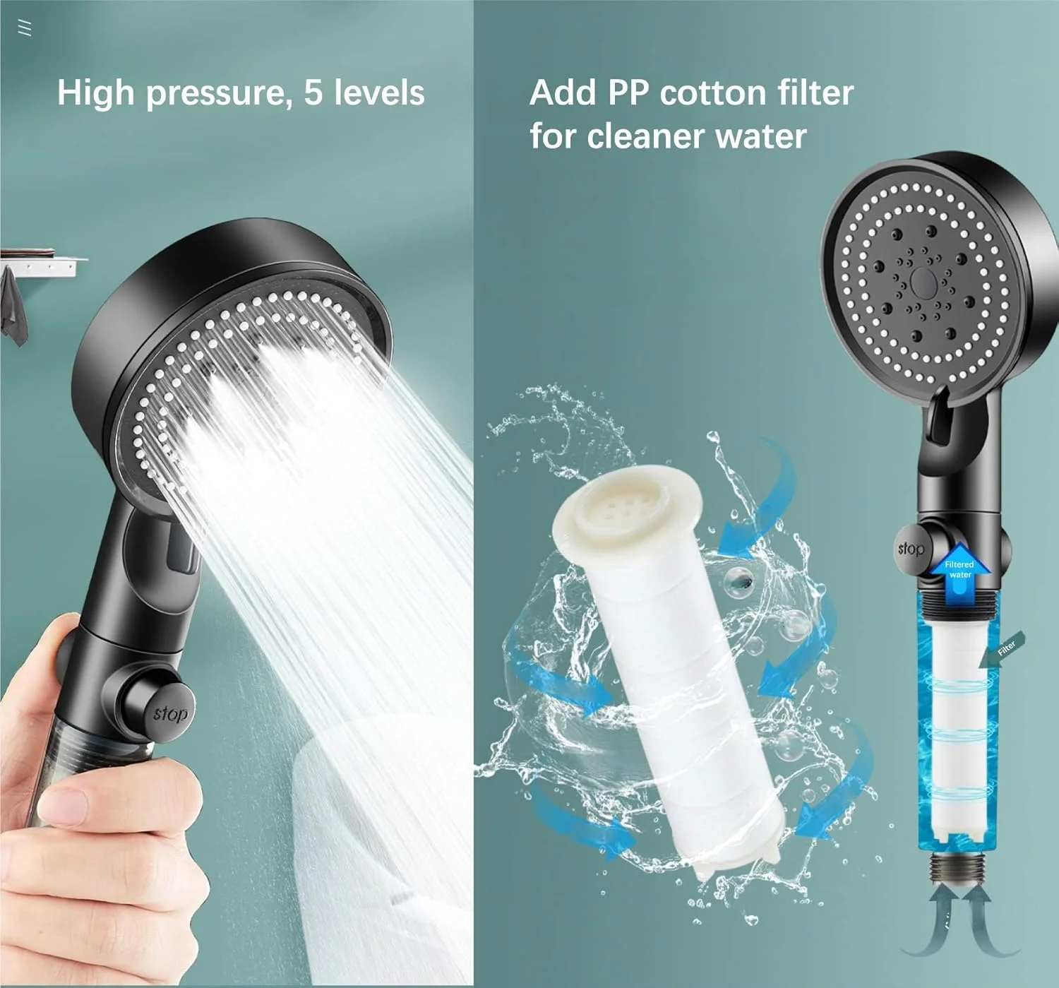 سردوش حمام فشار قوی و فیلتر دوش به همراه 5 ست فیلتر اضافی - دستی - حذف کلر و آلاینده های مضر - جلوگیری از ریزش مو
