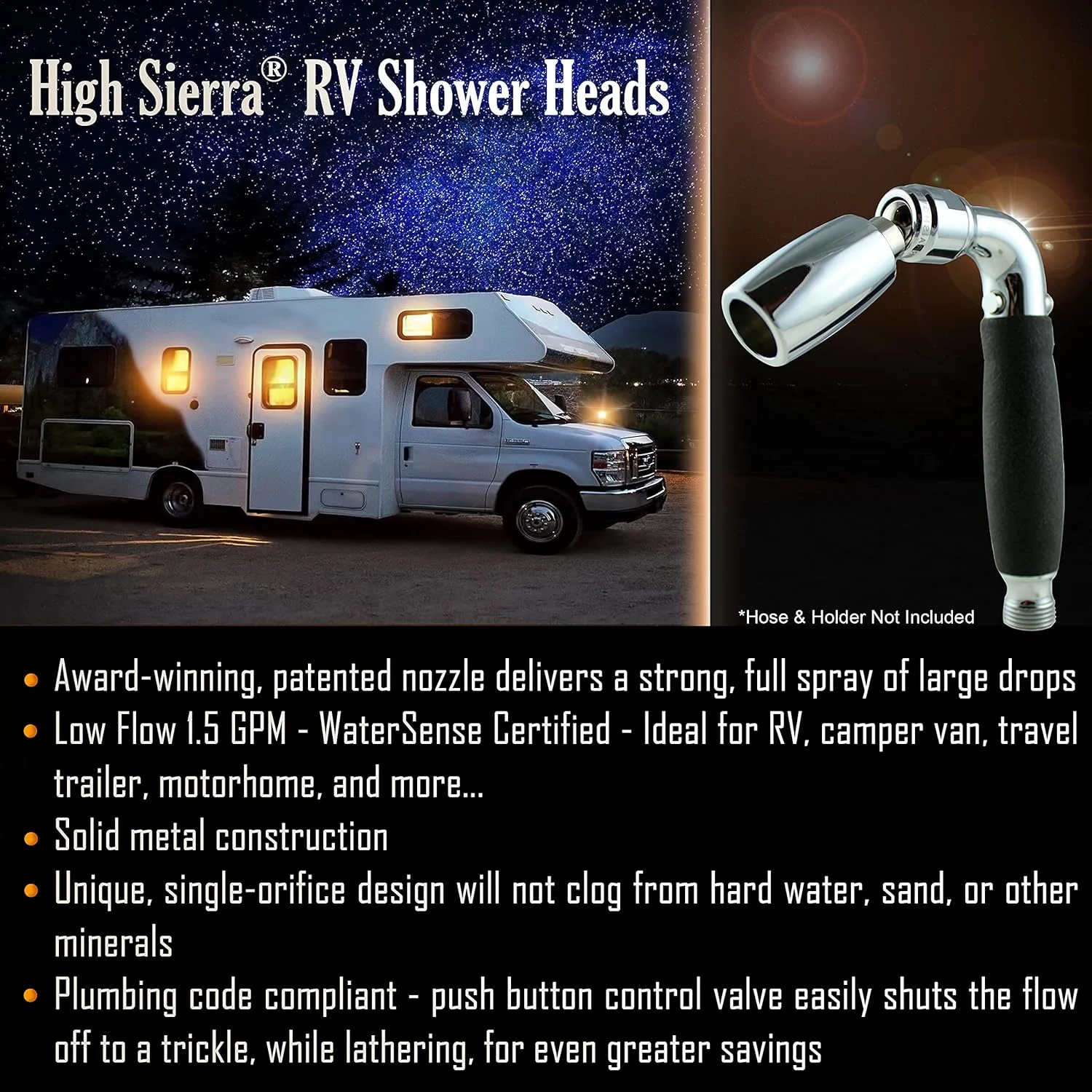 سردوش دستی های سیرا برای RV با دکمه روشن/خاموش (مطابق با کد لوله کشی) - ساختار فلزی مستحکم - 5.7 لیتر در دقیقه - کروم سردوش دستی های سیرا برای RV با دکمه روشن/خاموش (مطابق با کد لوله کشی) - ساختار فلزی مستحکم - 5.7 لیتر در دقیقه - کروم