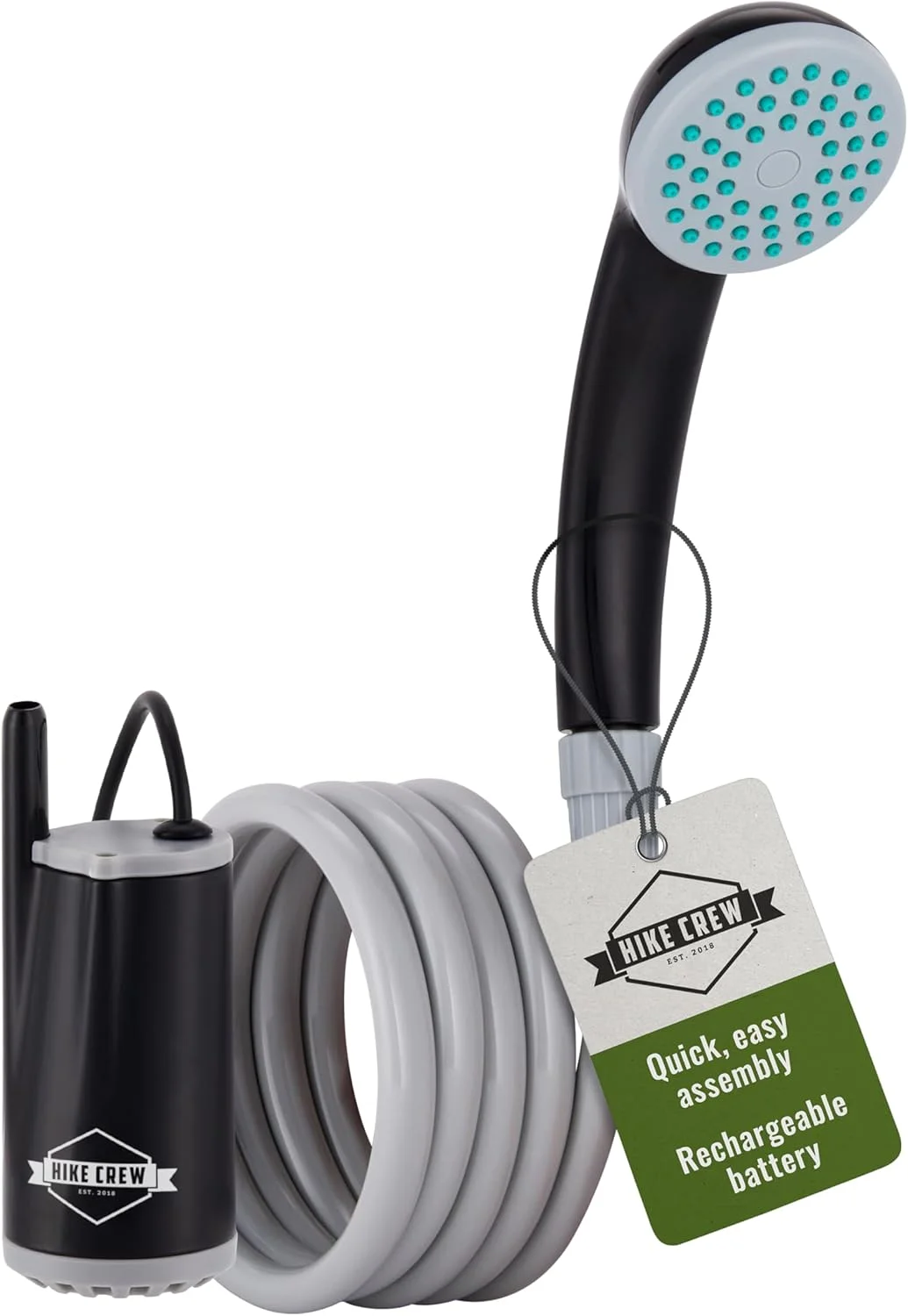 دوش قابل حمل با باتری Hike Crew با چراغ LED | سر دوش دستی کمپینگ در فضای باز با باتری قابل شارژ 70 دقیقه ای، پمپ تصفیه آب، شلنگ 6 فوتی و پایه مکنده بدون دست
