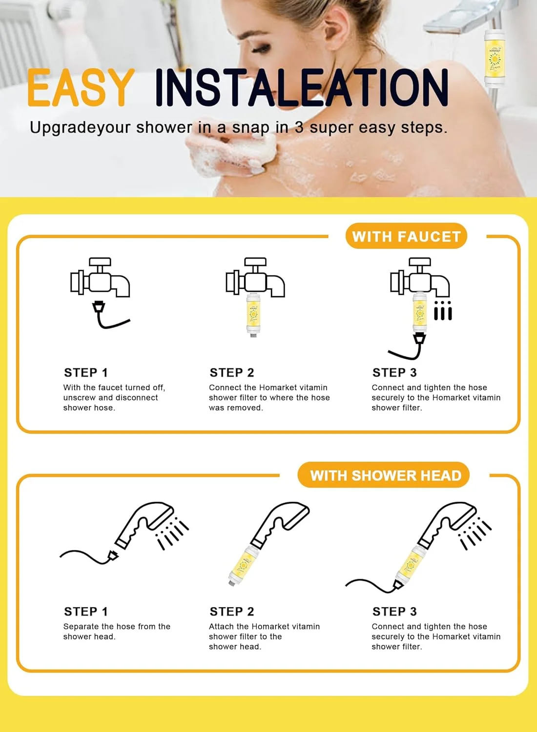 فیلتر دوش ویتامین C هومارکت، تصفیه کننده نرم کننده آروماتراپی، کمک به نرمی پوست و تقویت مو، برای سر دوش خروجی جهانی (لیمو)