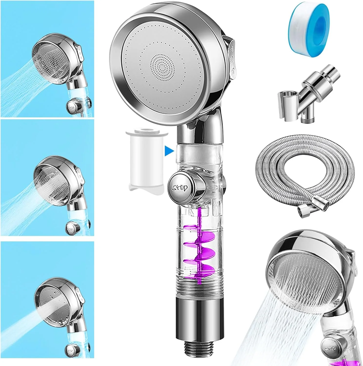 سردوش دستی کروم پرفشار Homarket Turbo با فیلتر، دارای 3 حالت پاشش، به همراه شلنگ فیلتردار و پایه قابل تنظیم، چرخش 360 درجه