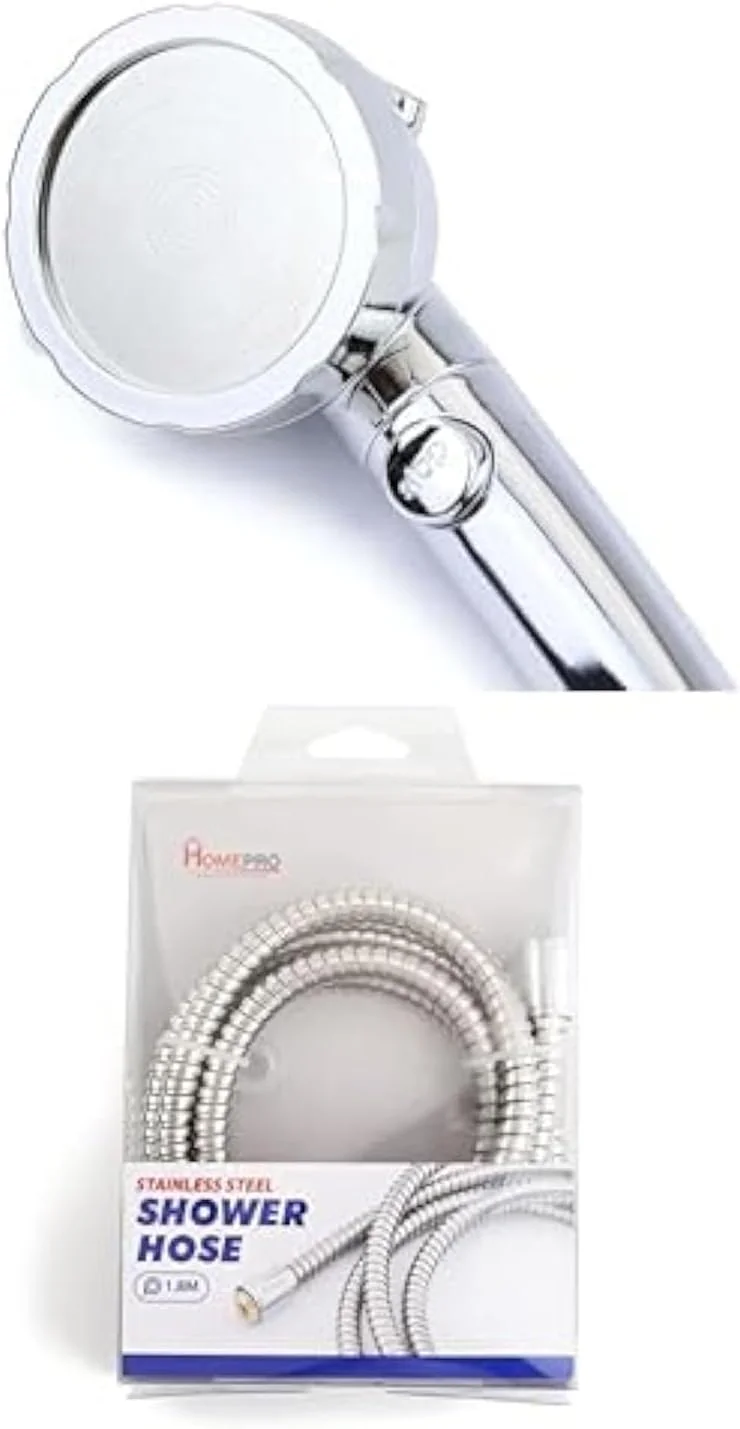 مجموعه دوش دستی فشار قوی HOMEPRO - سر دوش دستی 3 حالته با شلنگ استیل ضد زنگ فوق العاده بلند - نسخه کروم