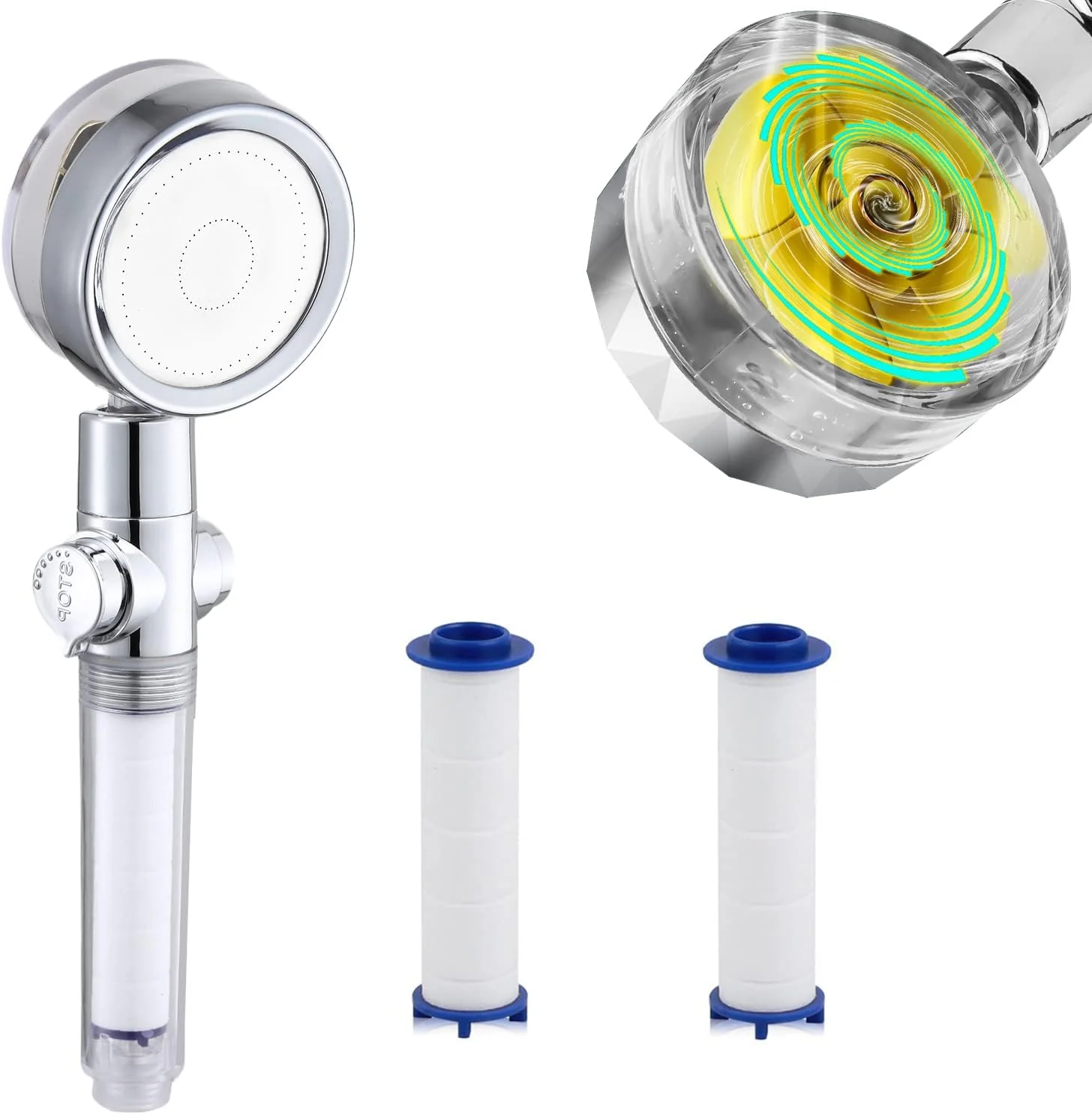 سری دوش توربو دستی، جت دوش هیدرو با فشار بالا، با 3 فیلتر و دکمه توقف، سری دوش فن 360 درجه چرخان (شفاف)