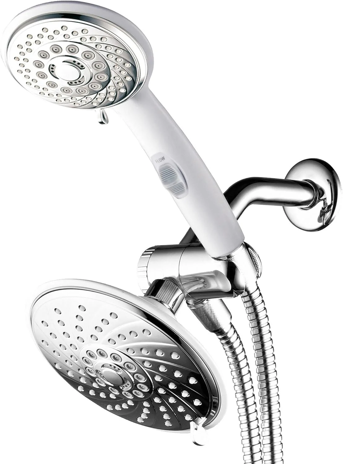 ست دوش حمام لوکس هتل اسپا با 30 حالت مختلف، شامل سردوش ثابت و متحرک با دکمه قطع/وصل ثبت شده (دو رنگ سفید/کروم)