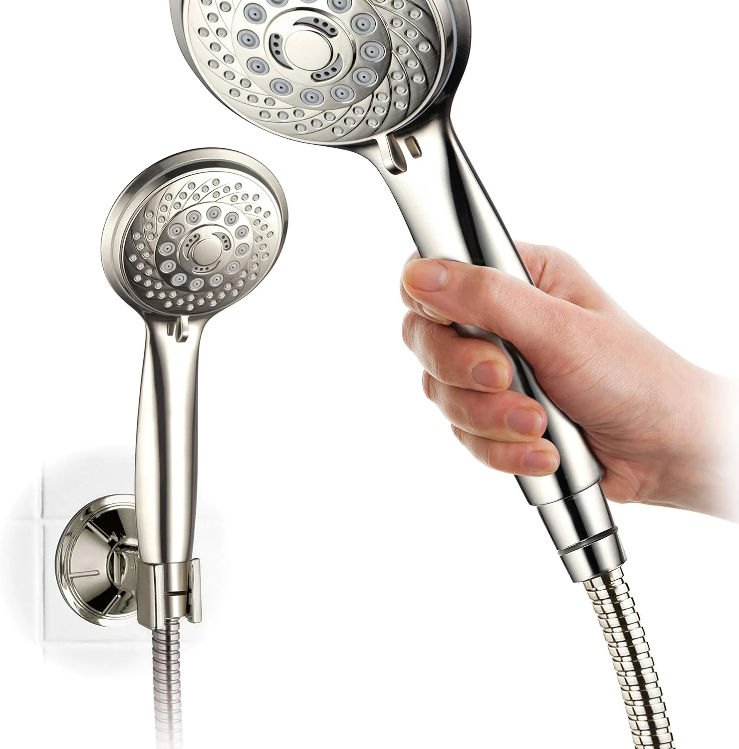 سردوش حمام هتل اسپا آکوا اسپا 6 در 1 با فشار قوی / سردوش دستی ترکیبی با دو براکت دیواری بالا سری و پایین، شیر سه راهی تغییر جریان آب و شلنگ استیل ضد زنگ / پرداخت نیکل برس خورده / توسط