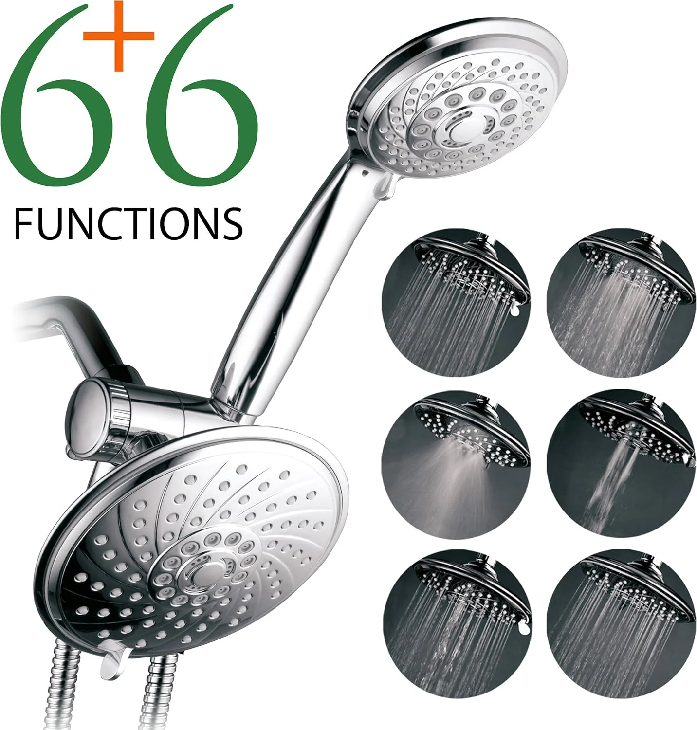 هتل اسپا دوش دستی و سردوش بارانی 6 اینچی - سیستم دوش دوگانه 2 در 1 با فشار بالا و 30 عملکرد به همراه شلنگ استیل ضد زنگ، تغییر دهنده آب 3 طرفه ثبت شده، روکش کروم